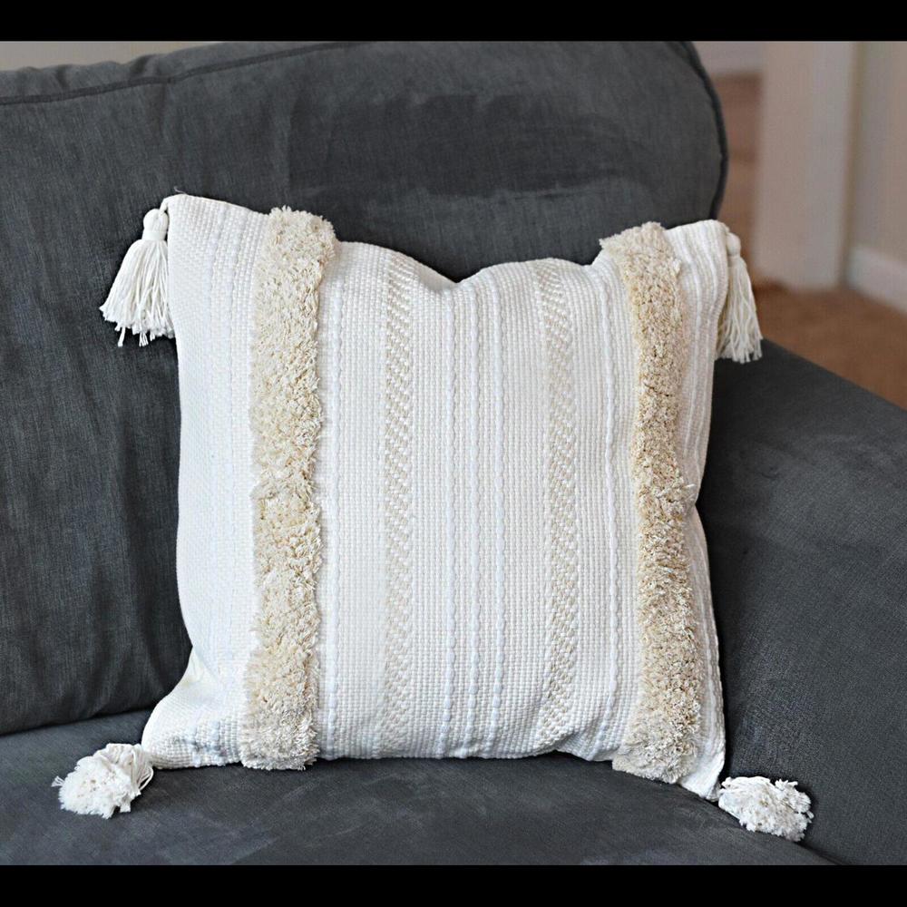 Throw Pillow Covers Set of 1 Farmhouse Neutral 18x18 w/ Tassels Cottagecore